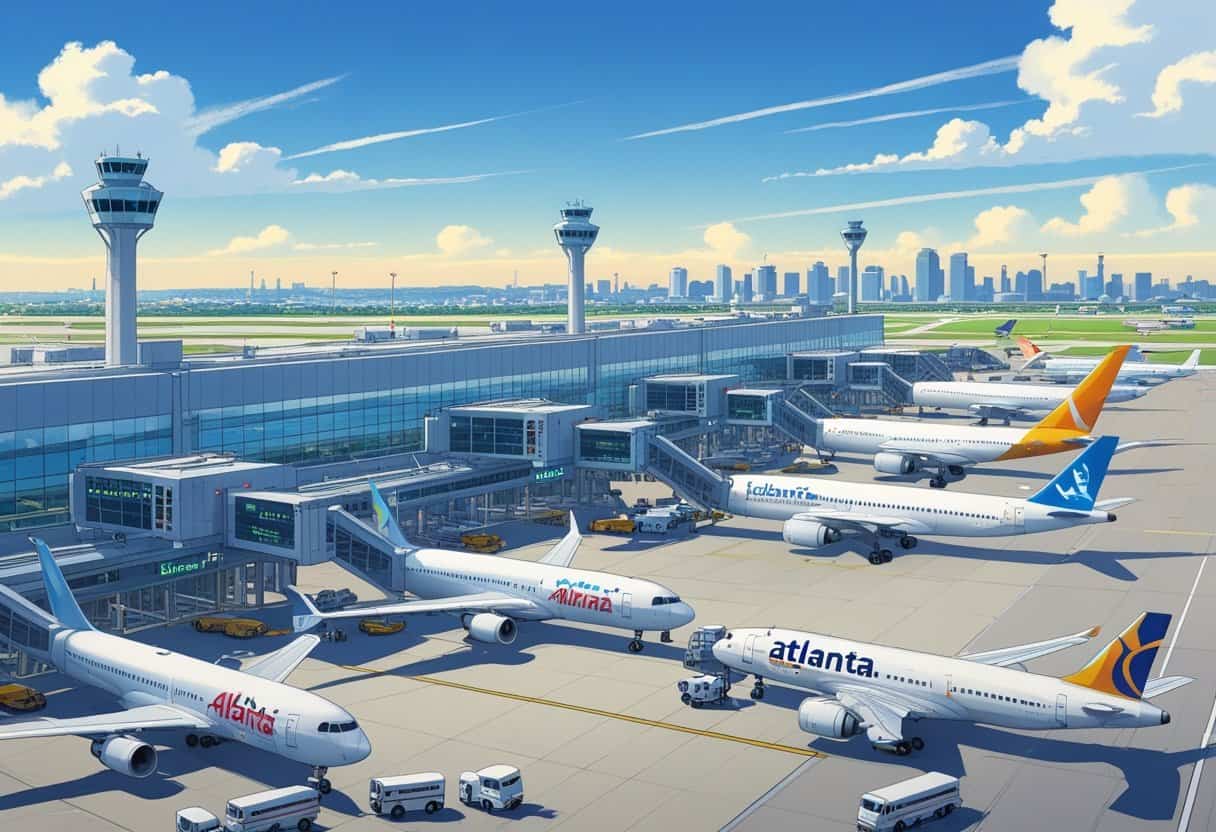 A busy airport terminal in Atlanta with multiple airplanes from different airlines parked and taxiing, airport vehicles moving around, and the city skyline in the background.