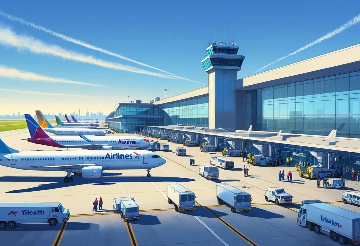 A busy airport terminal with airplanes from various airlines parked at gates, passengers walking inside, and ground vehicles servicing planes under a clear blue sky.