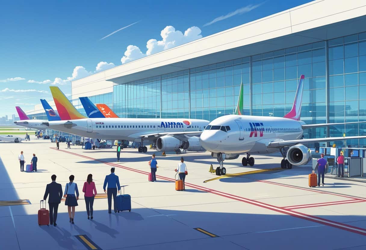 A busy airport scene at Aurora, Illinois Airport with airplanes parked at gates and passengers walking around the terminal.