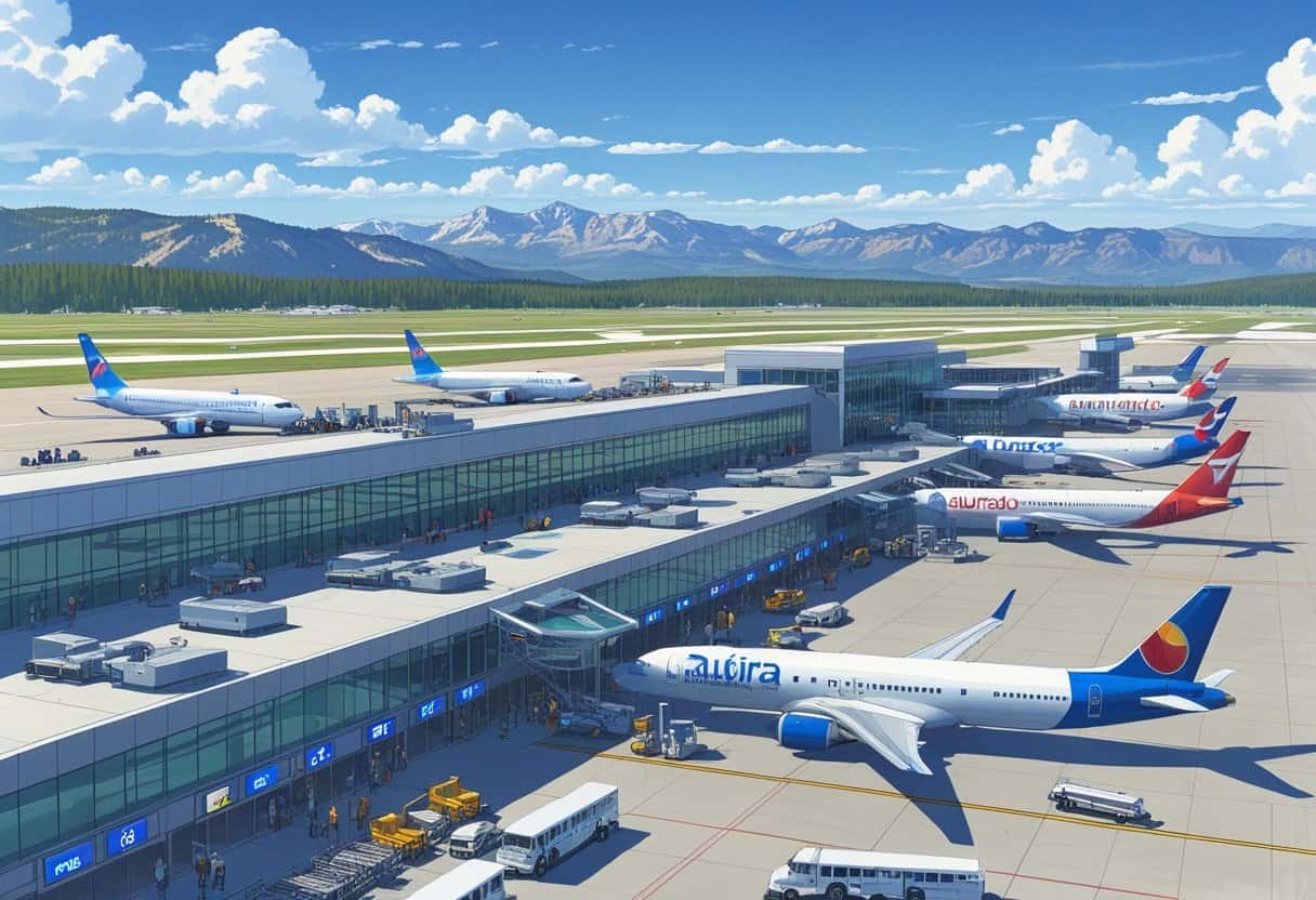 A busy airport scene at Aurora, Colorado with airplanes from major airlines parked near the terminal, mountains in the background, and people moving around the airport.