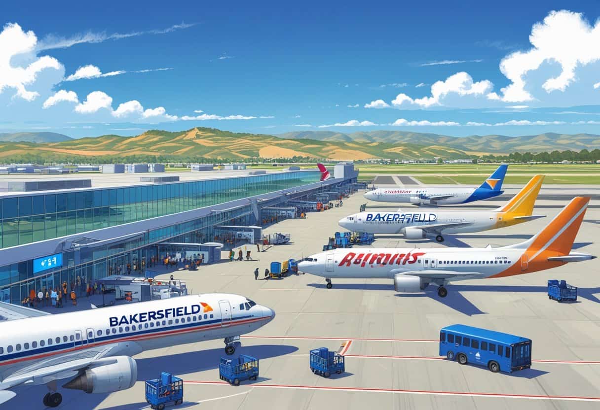 Busy airport scene at Bakersfield, California with airplanes from various airlines parked and taxiing near the terminal under a clear blue sky.