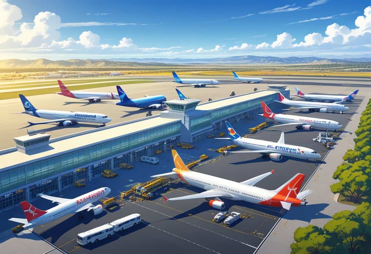 An airport scene showing several commercial airplanes from different airlines at gates and on the runway at Meadows Field Airport in Bakersfield, California, with a terminal building and distant hills under a blue sky.