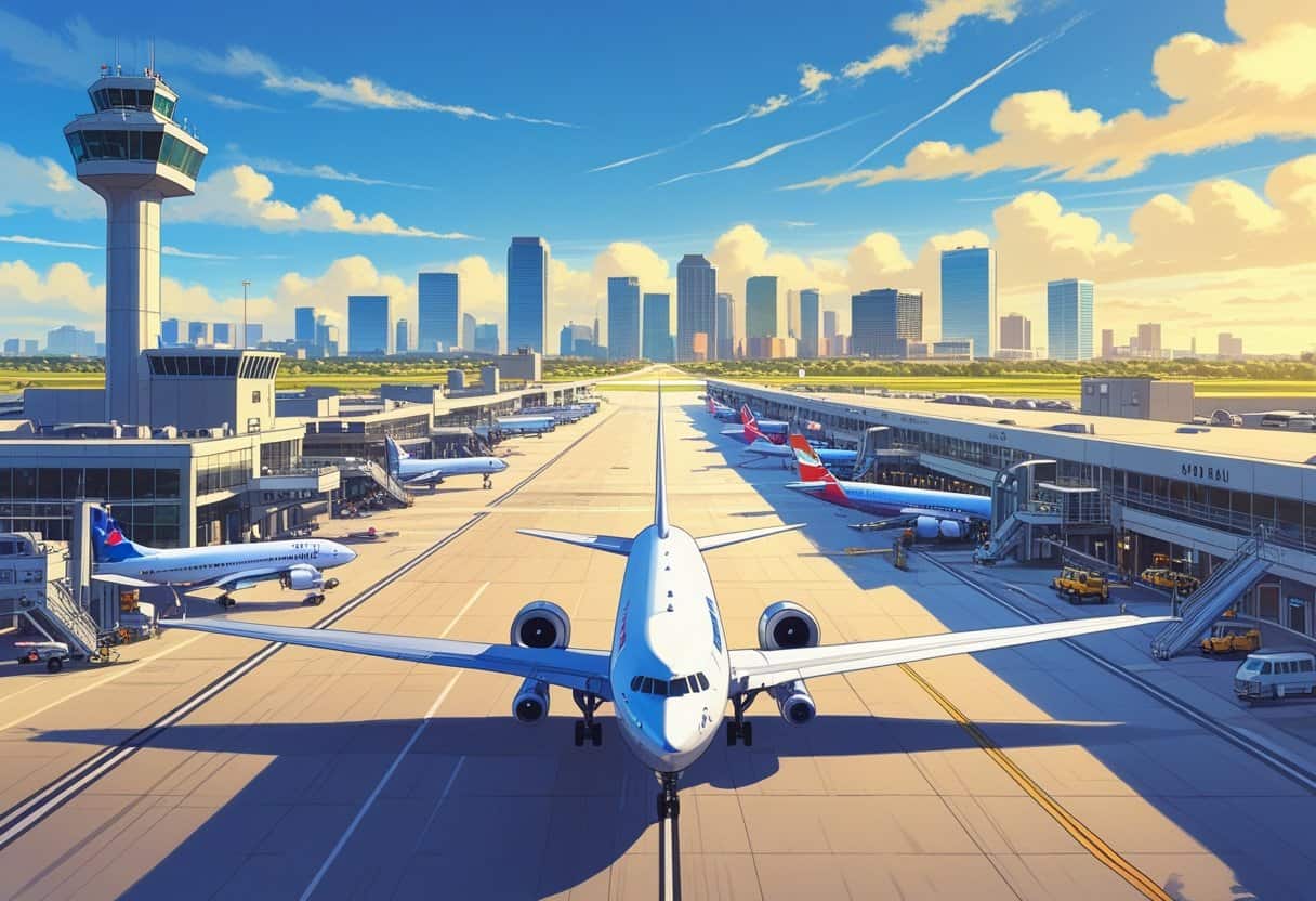 An airport scene with airplanes on the runway and at gates, the Austin city skyline in the background under a clear sky.