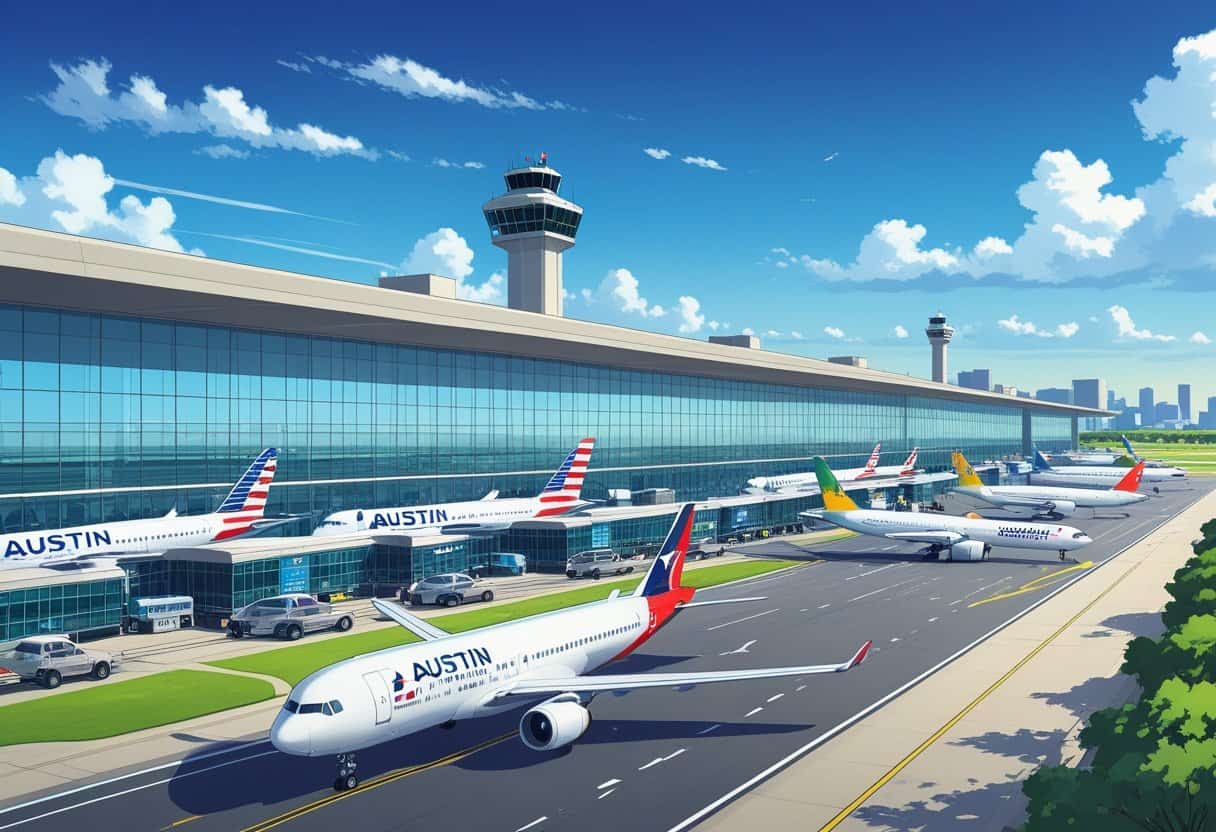 A busy airport scene showing airplanes from various airlines at gates and taxiing, with the Austin airport terminal, control tower, and city skyline in the background.