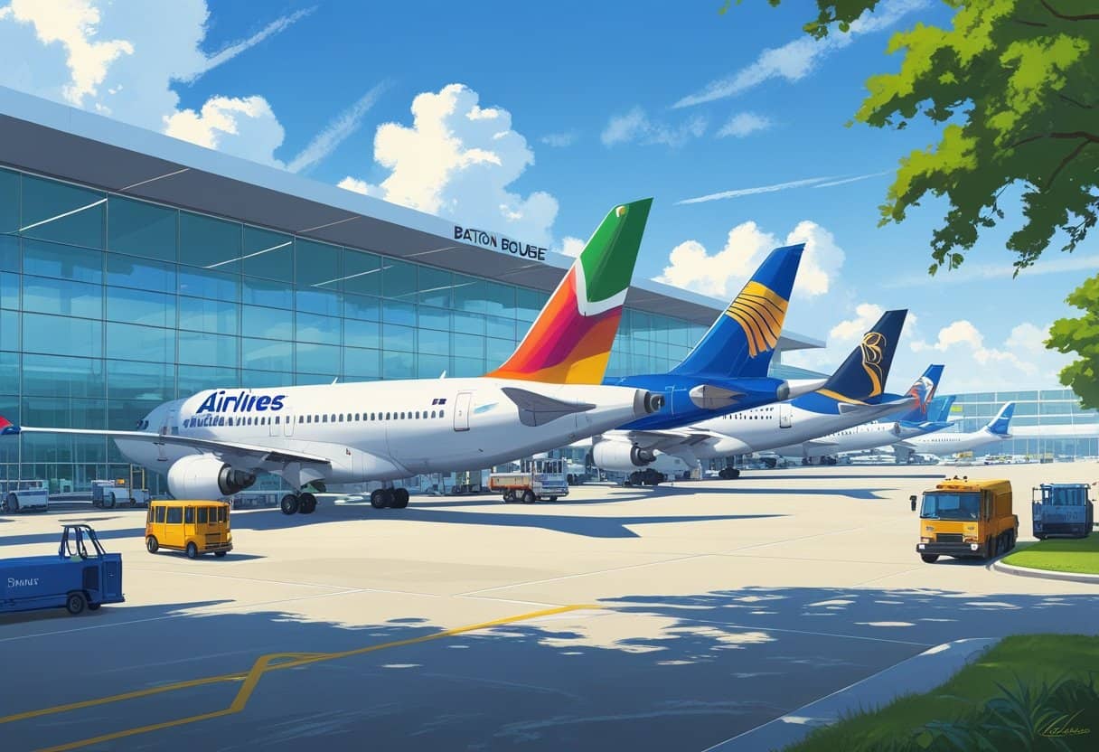 An airport scene showing airplanes parked at gates outside a terminal with green trees nearby under a partly cloudy sky.