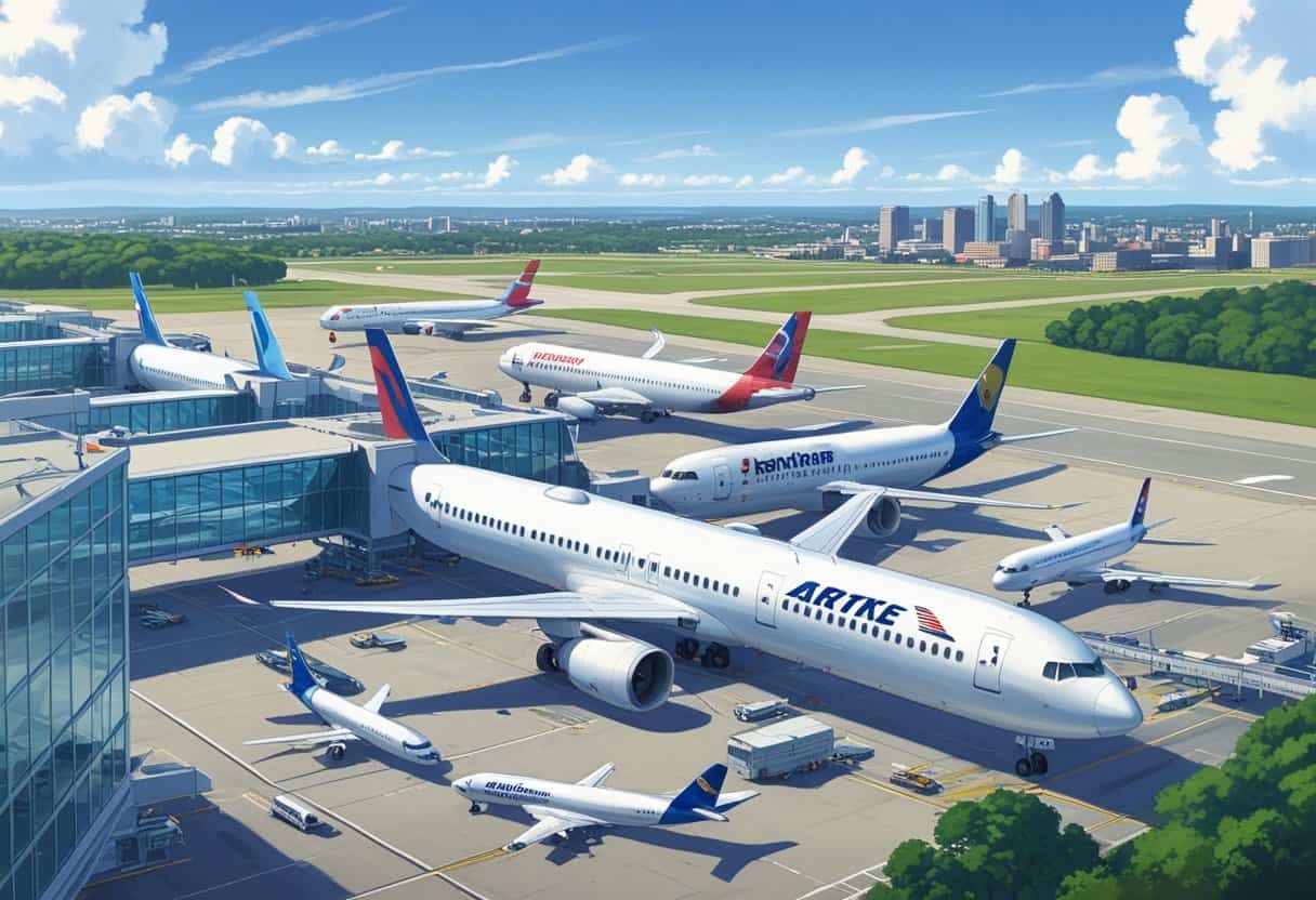 A busy airport scene showing airplanes parked at gates, a terminal building, and a city skyline in the background.