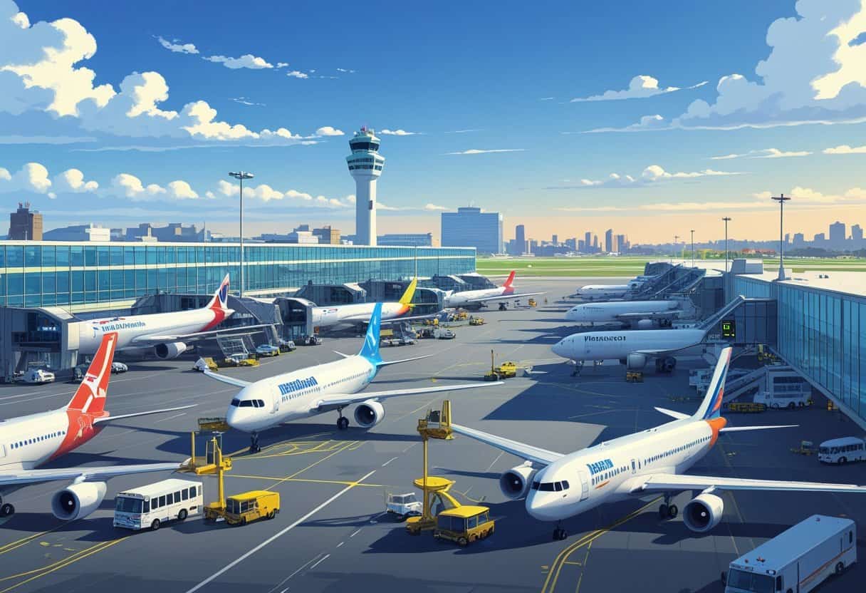An airport scene showing several commercial airplanes parked at gates with ground vehicles and a terminal building in the background during daytime.