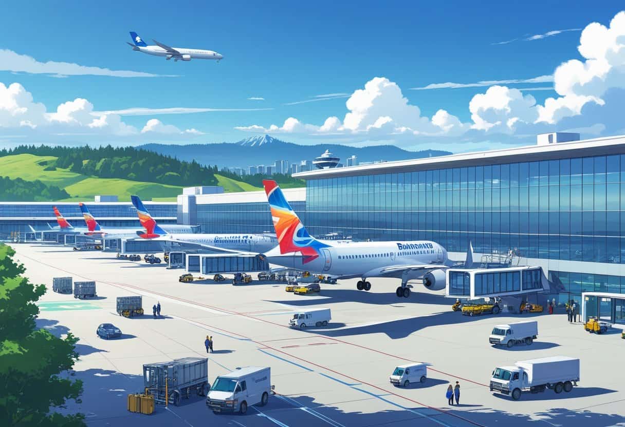 A busy airport terminal with airplanes parked at gates, passengers walking, and city skyline in the background.