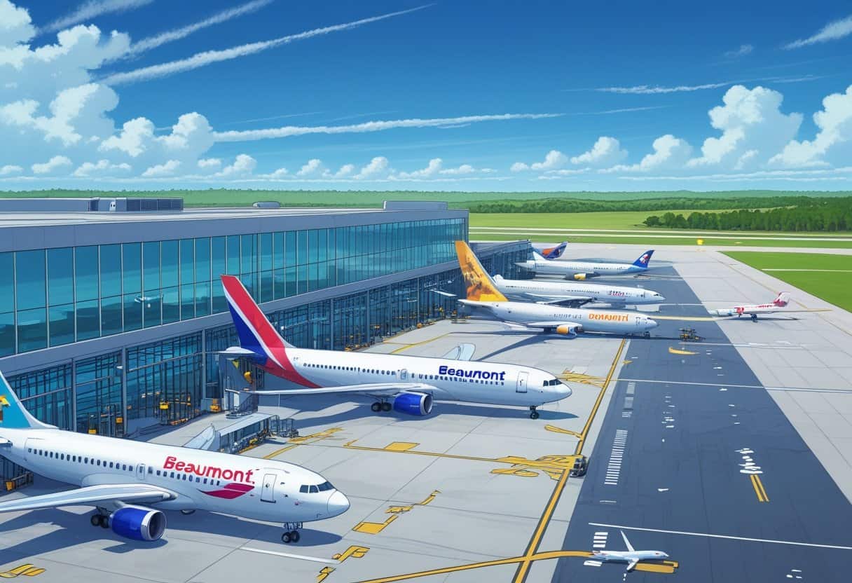 An airport scene at Beaumont, Texas with airplanes from multiple airlines parked at gates and one plane taking off under a clear sky.