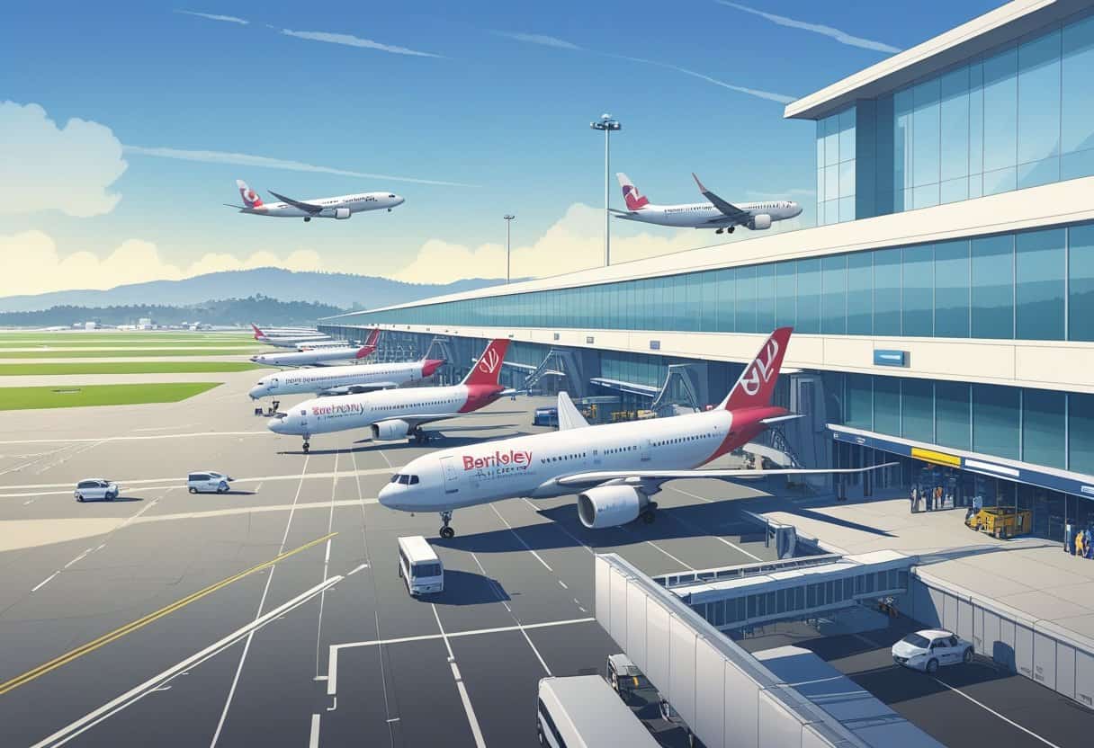 An airport terminal at Berkeley, California with airplanes on the runway and hills visible in the background.