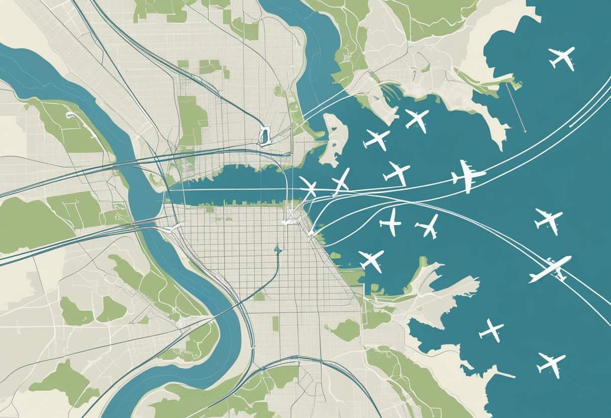 Map showing Berkeley, California and nearby airports with flight paths and airplane icons connecting them.