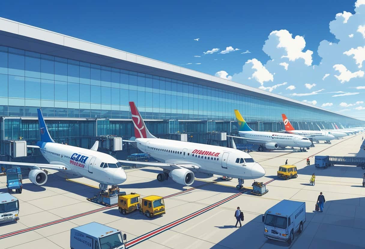 A busy airport terminal at Birmingham, Alabama with airplanes from major airlines parked at gates and passengers walking nearby.