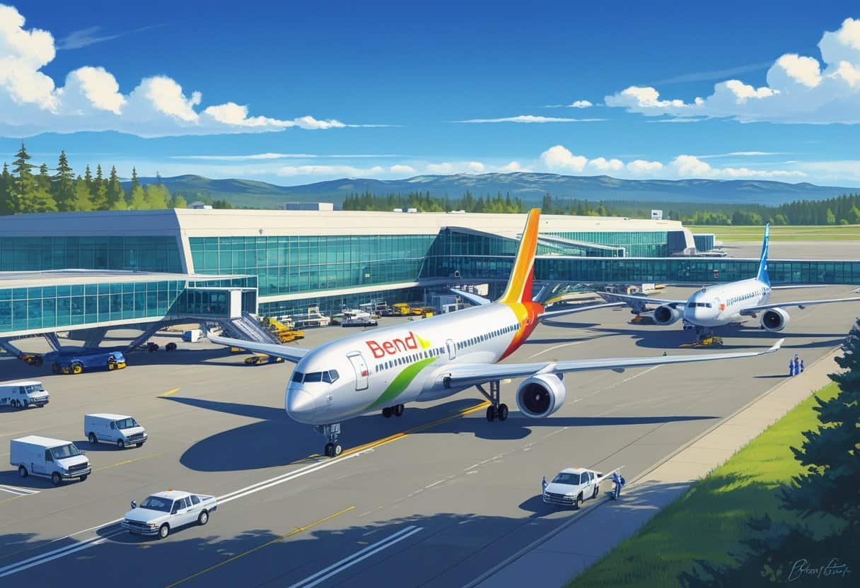 An airplane taxiing on the runway at Bend, Oregon Airport with airport staff and vehicles nearby, mountains and pine trees visible in the background.