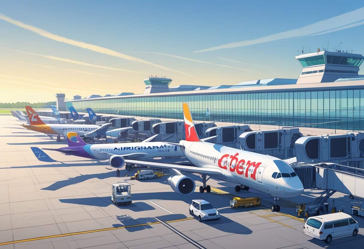 Airplanes from major airlines parked at Birmingham-Shuttlesworth International Airport with the terminal and airport staff visible.