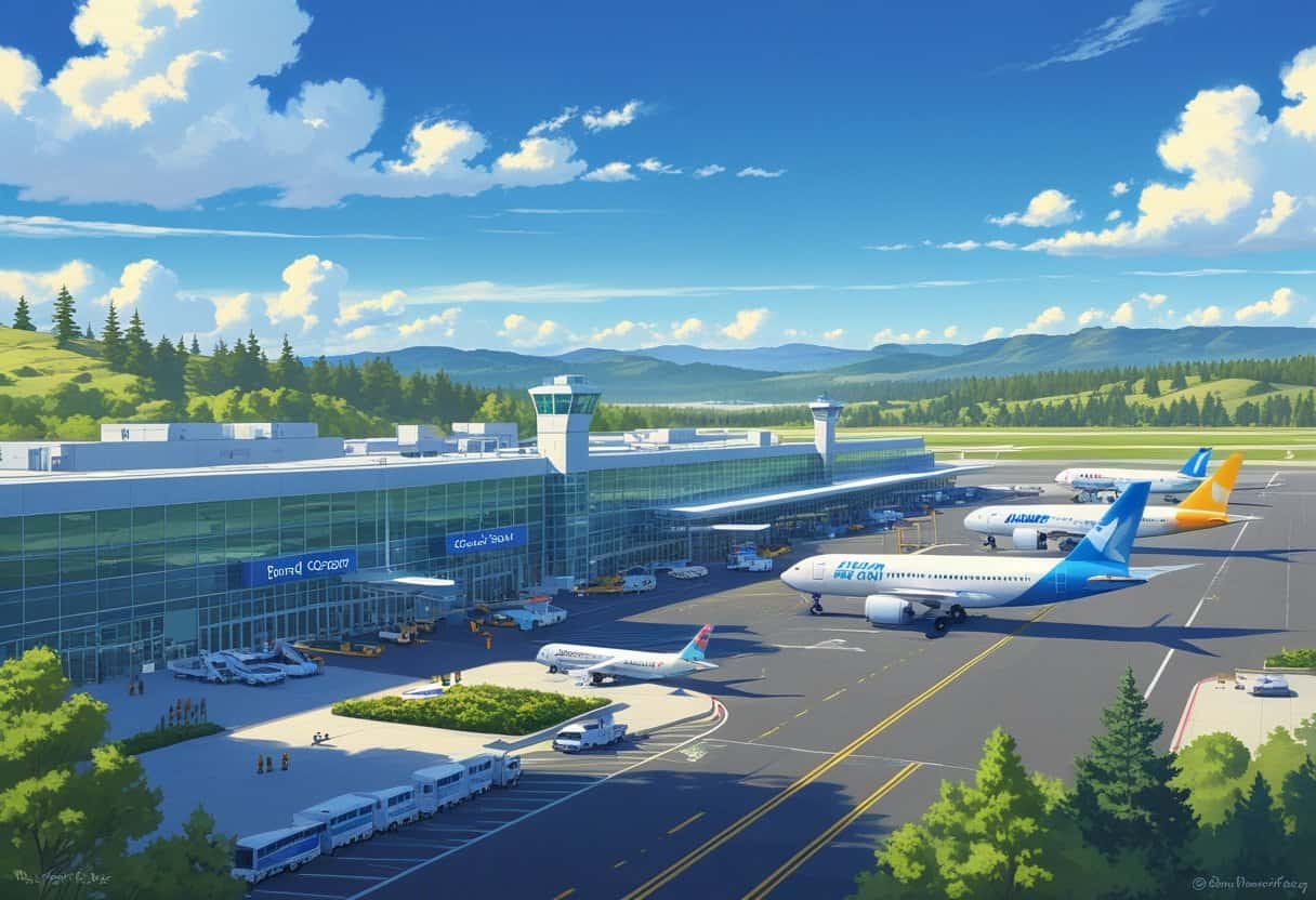 An airport scene at Bend, Oregon showing several commercial airplanes from different airlines parked near the terminal with mountains and pine trees in the background.