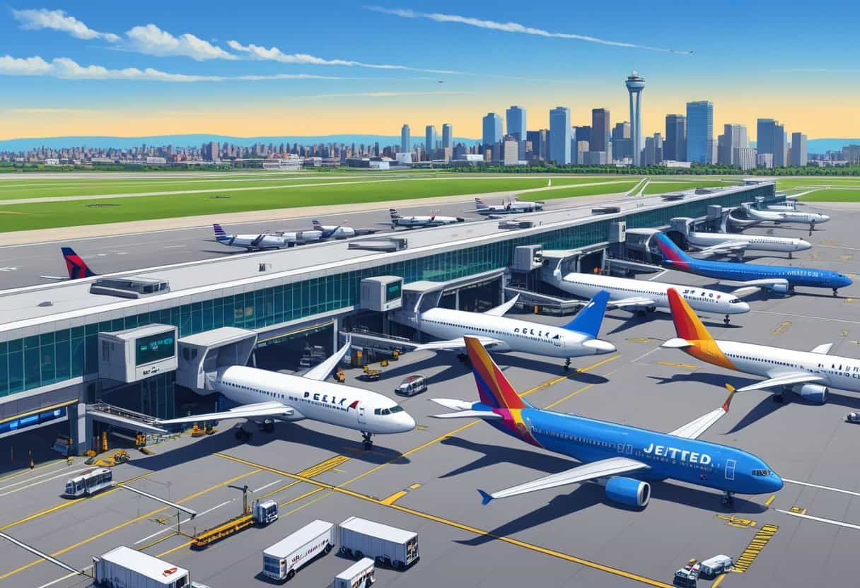 An airport terminal with multiple airplanes from different airlines parked at gates, ground vehicles around, and the Boston city skyline in the background.