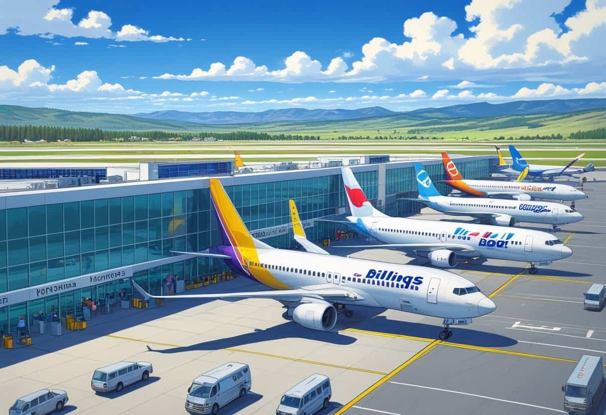 An airport terminal with multiple airplanes parked at gates, set against a Montana landscape with hills and a partly cloudy sky.