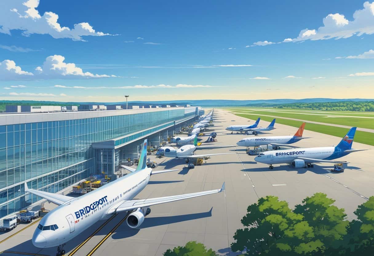 A busy airport scene with airplanes parked and taxiing near a modern terminal building surrounded by trees and hills.