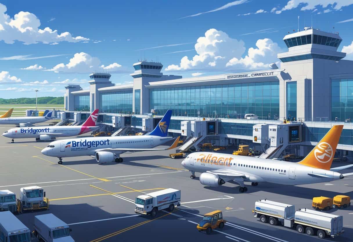 A busy airport scene showing several commercial airplanes at gates and taxiing on the runway with an airport terminal in the background and ground vehicles moving around.