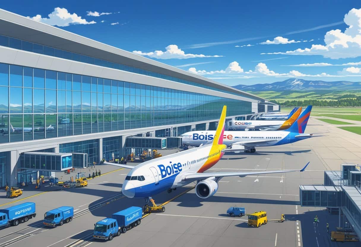 A busy Boise Airport terminal with airplanes from multiple airlines parked at gates, surrounded by airport vehicles and passengers, with mountains visible in the background.