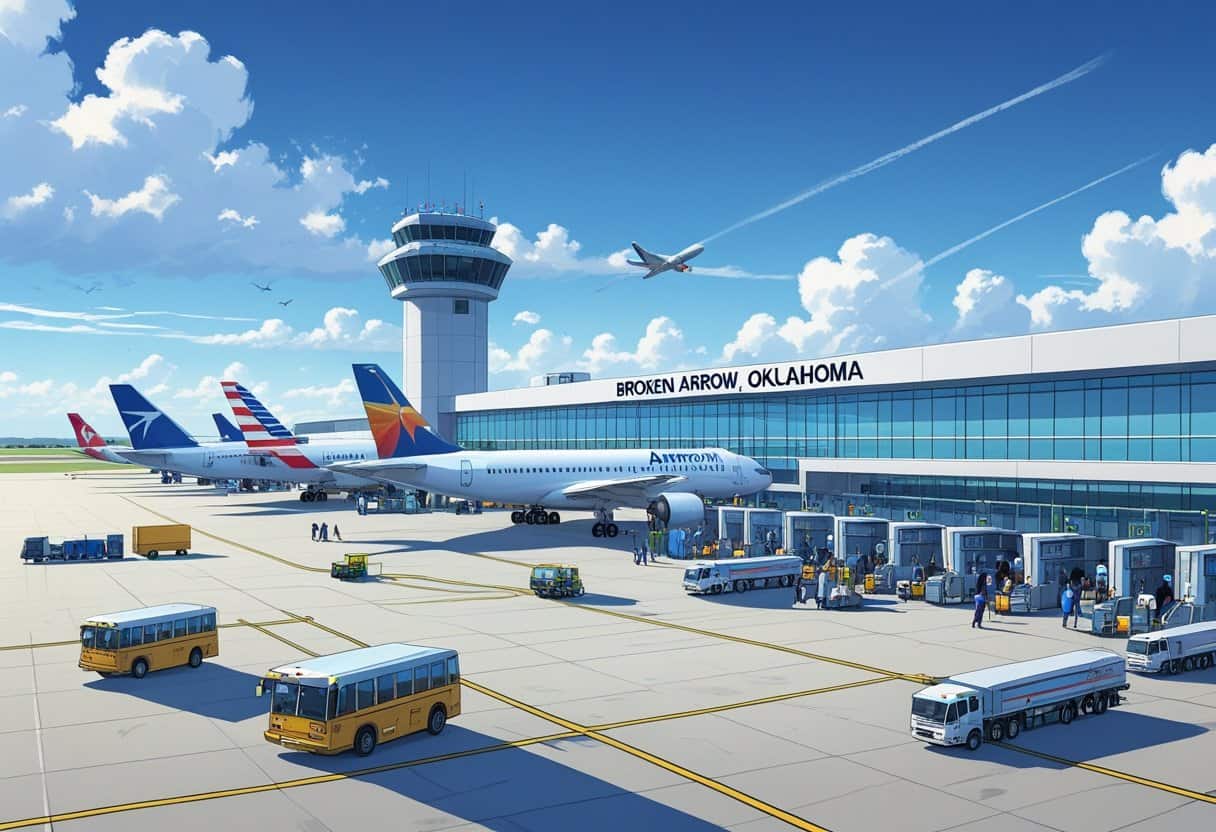 An airport scene showing airplanes at gates, passengers boarding, airport staff working, and ground vehicles near a terminal with a control tower and runway in the background.