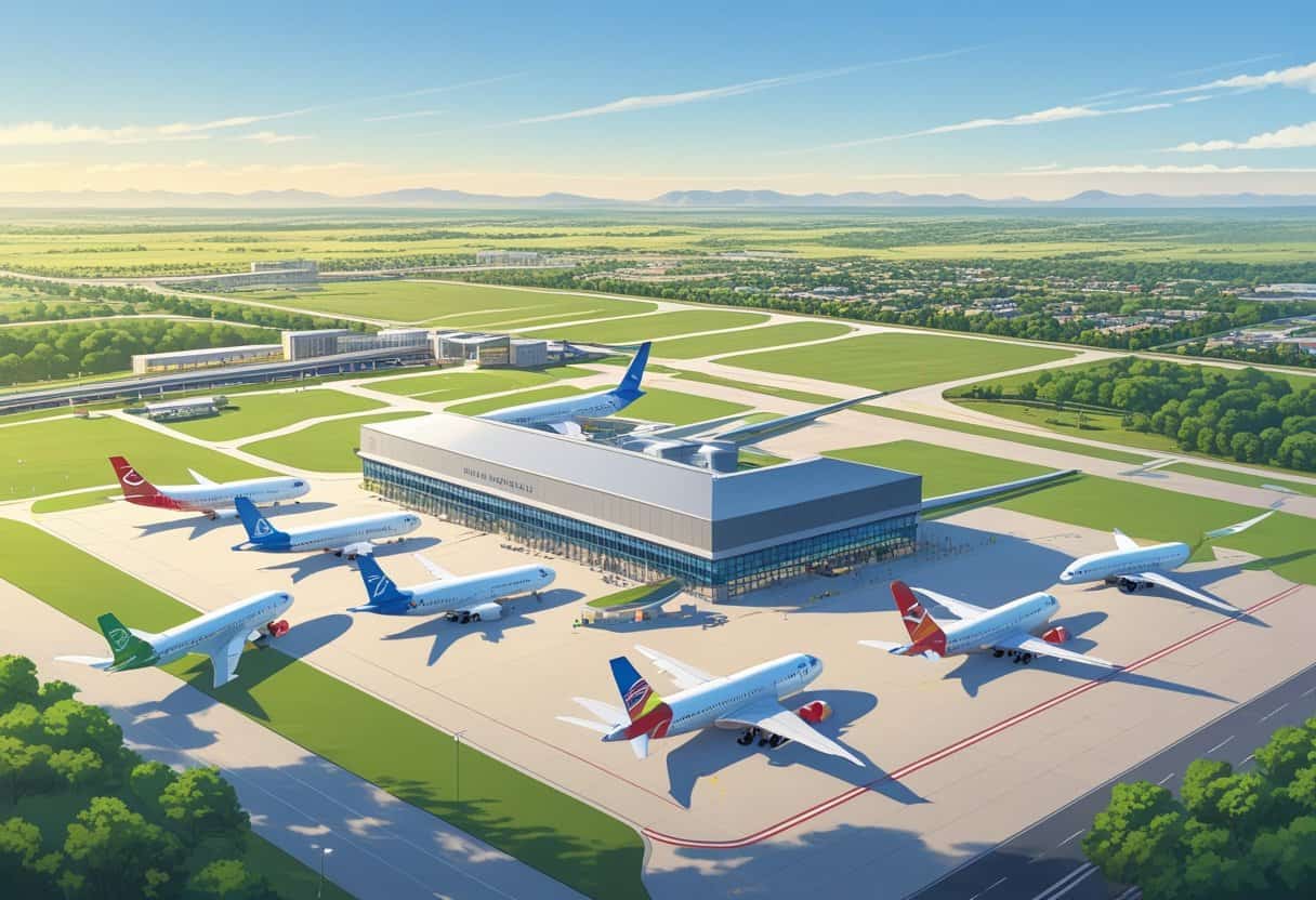 A map-focused illustration showing Broken Arrow, Oklahoma airport with airplanes and airline logos around it, surrounded by the city and flight paths.