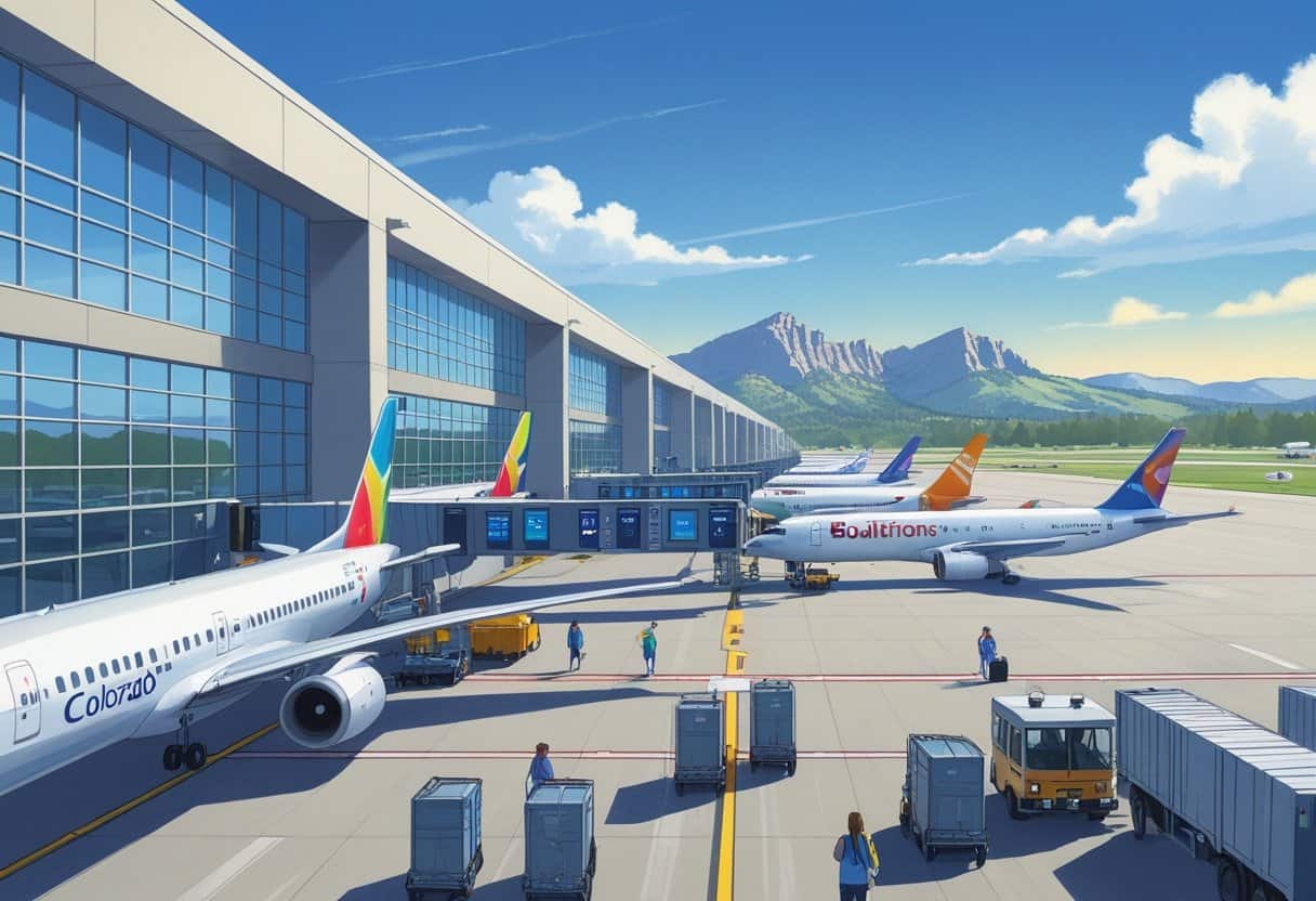 Airport terminal at Boulder, Colorado with airplanes parked at gates and mountains in the background, showing passengers and airport activity.