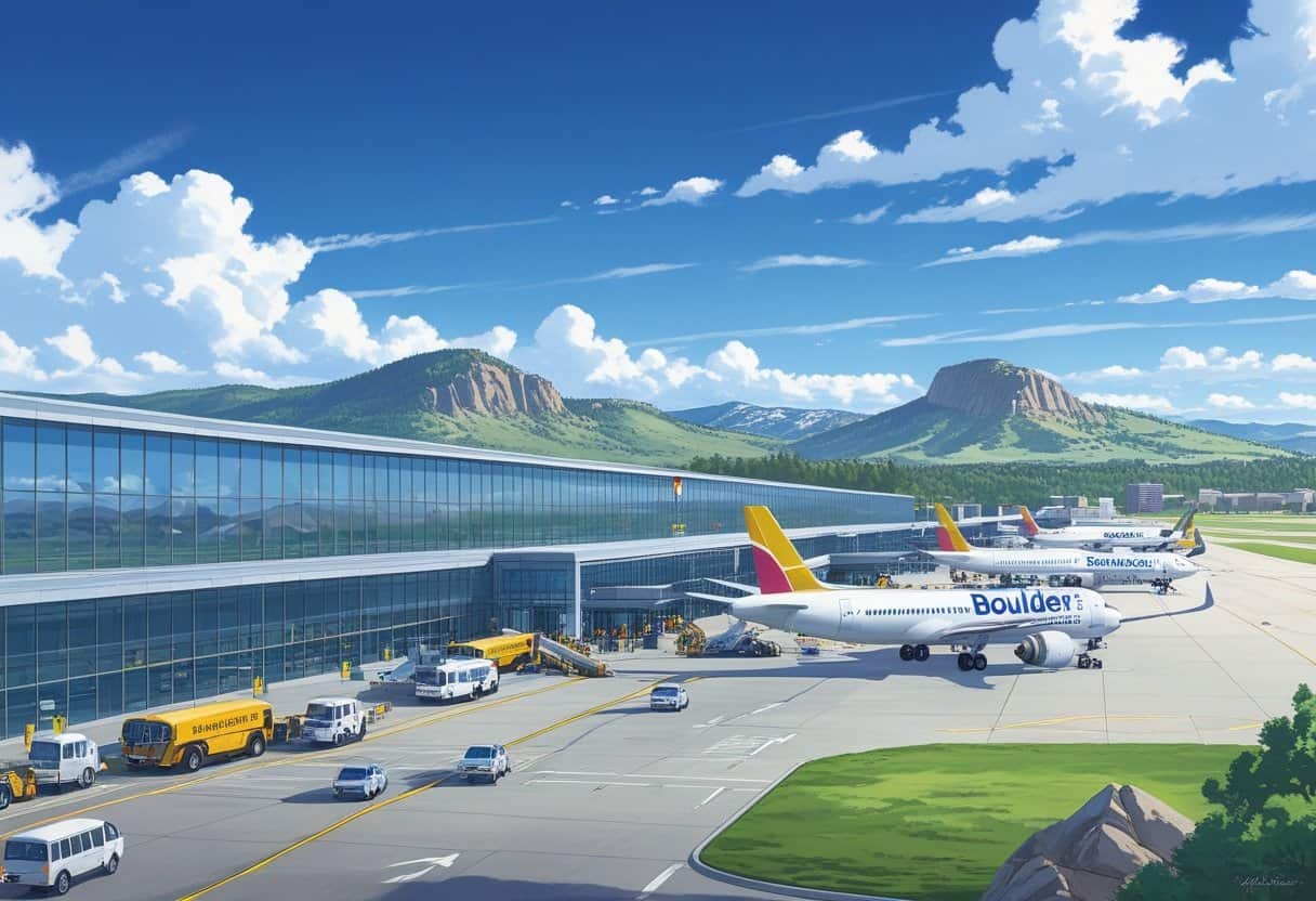A busy airport terminal in Boulder, Colorado with airplanes on the runway and mountains in the background.