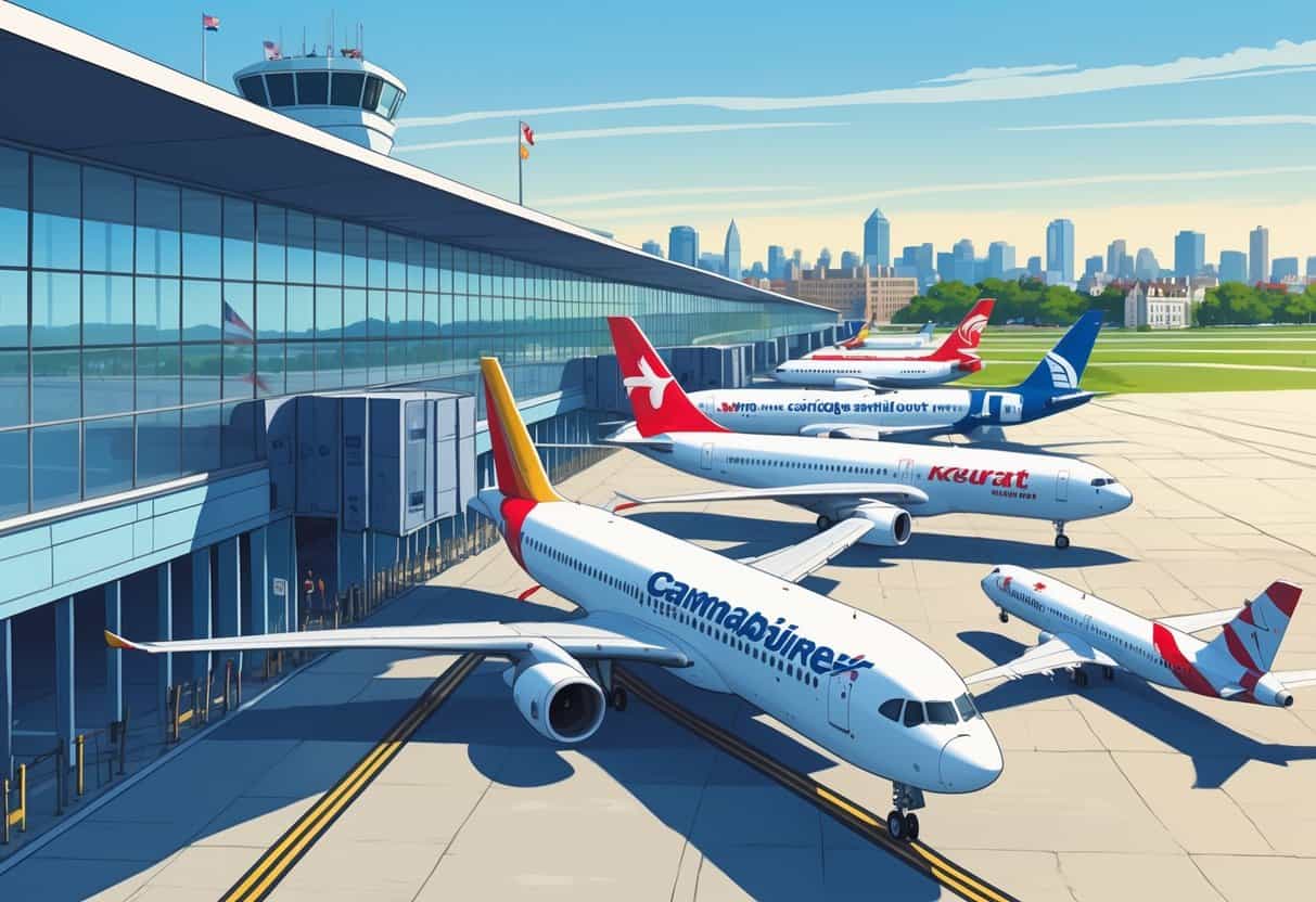 An airport terminal at Cambridge, Massachusetts with several airplanes parked near gates and the city skyline in the background under a clear sky.