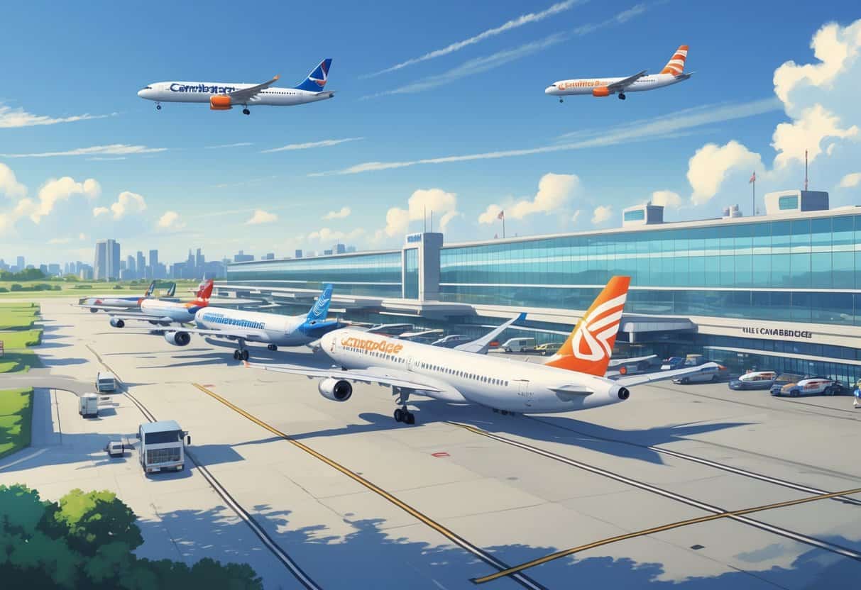 Illustration of an airport terminal in Cambridge, Massachusetts with multiple airplanes from various airlines parked and taxiing, surrounded by city buildings and greenery.