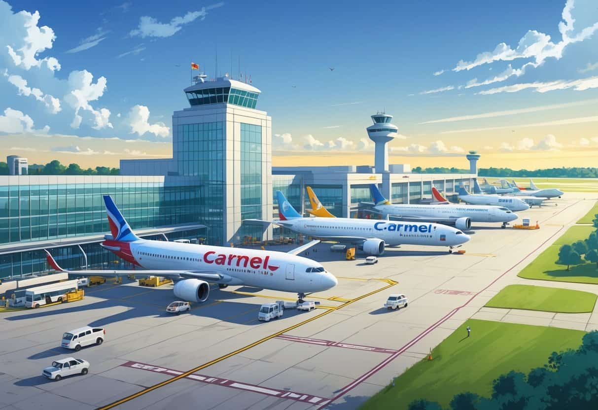 An airport scene showing airplanes at gates and a terminal building with a control tower under a clear sky.
