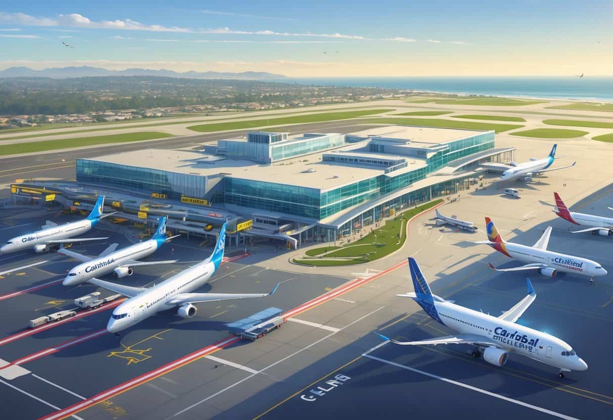 An illustration of Carlsbad Airport with airplanes on the runway and gates, showing flight routes connecting to various destinations and nearby coastline.