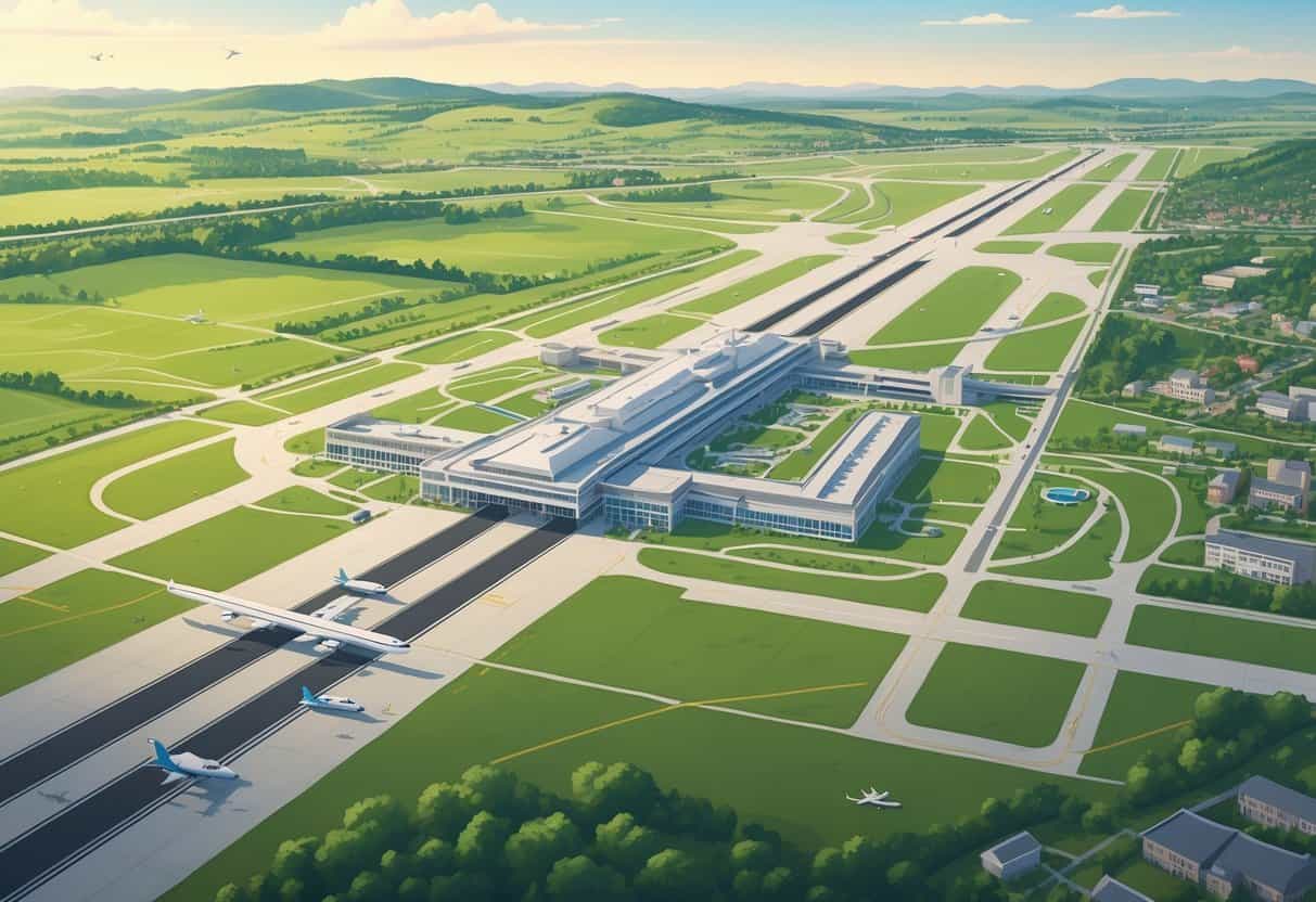 Aerial view of Carmel, Indiana Airport with runways, terminal buildings, nearby airports, and surrounding green landscape.