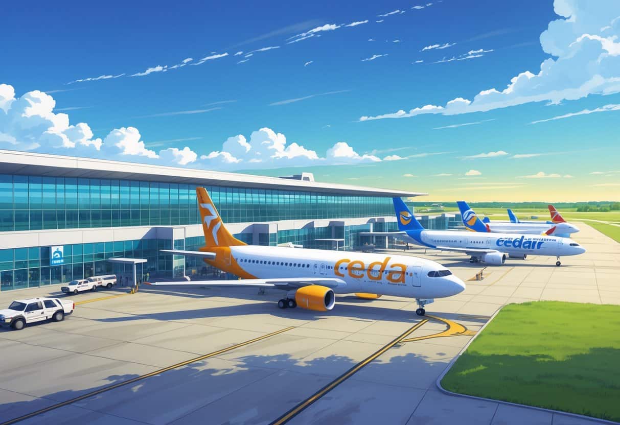 A daytime view of Cedar Rapids airport with several commercial airplanes parked and taxiing near the terminal surrounded by green fields and a clear sky.