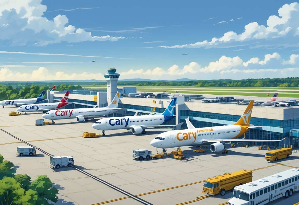 A regional airport terminal with airplanes from major airlines parked at gates, surrounded by airport vehicles and greenery.