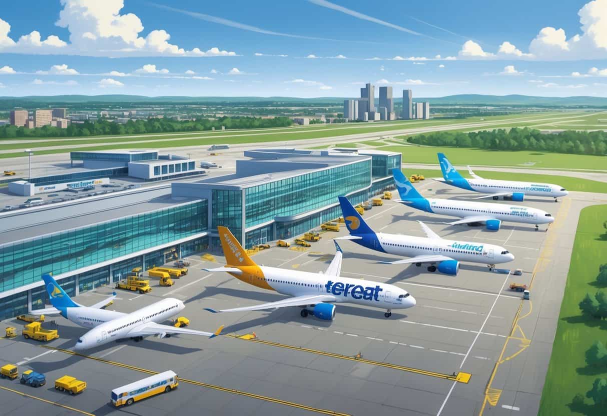 Airplanes from major airlines at gates and taxiways at Cedar Rapids Airport with the terminal building, nearby river, parks, and city skyline in the background.