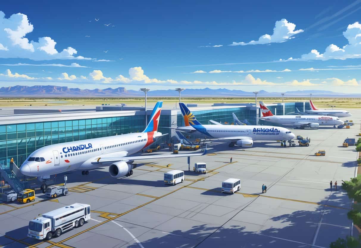An airport terminal with airplanes from various airlines parked at gates, surrounded by desert landscape and mountains under a blue sky.
