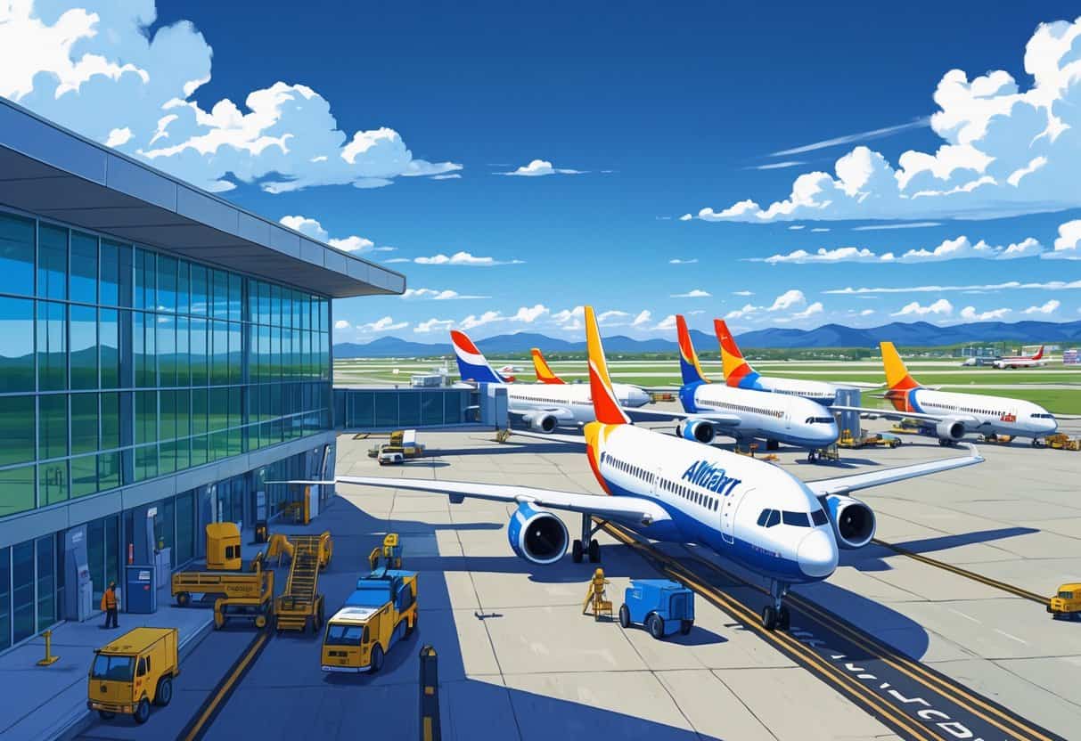 An airport scene showing airplanes from various airlines at gates with a terminal building, ground vehicles, and mountains in the background.