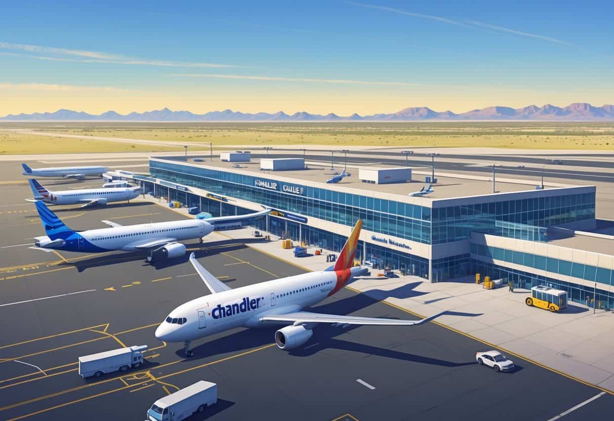 An airport terminal with airplanes from various airlines on the tarmac, ground vehicles in operation, and desert mountains in the background under a clear sky.