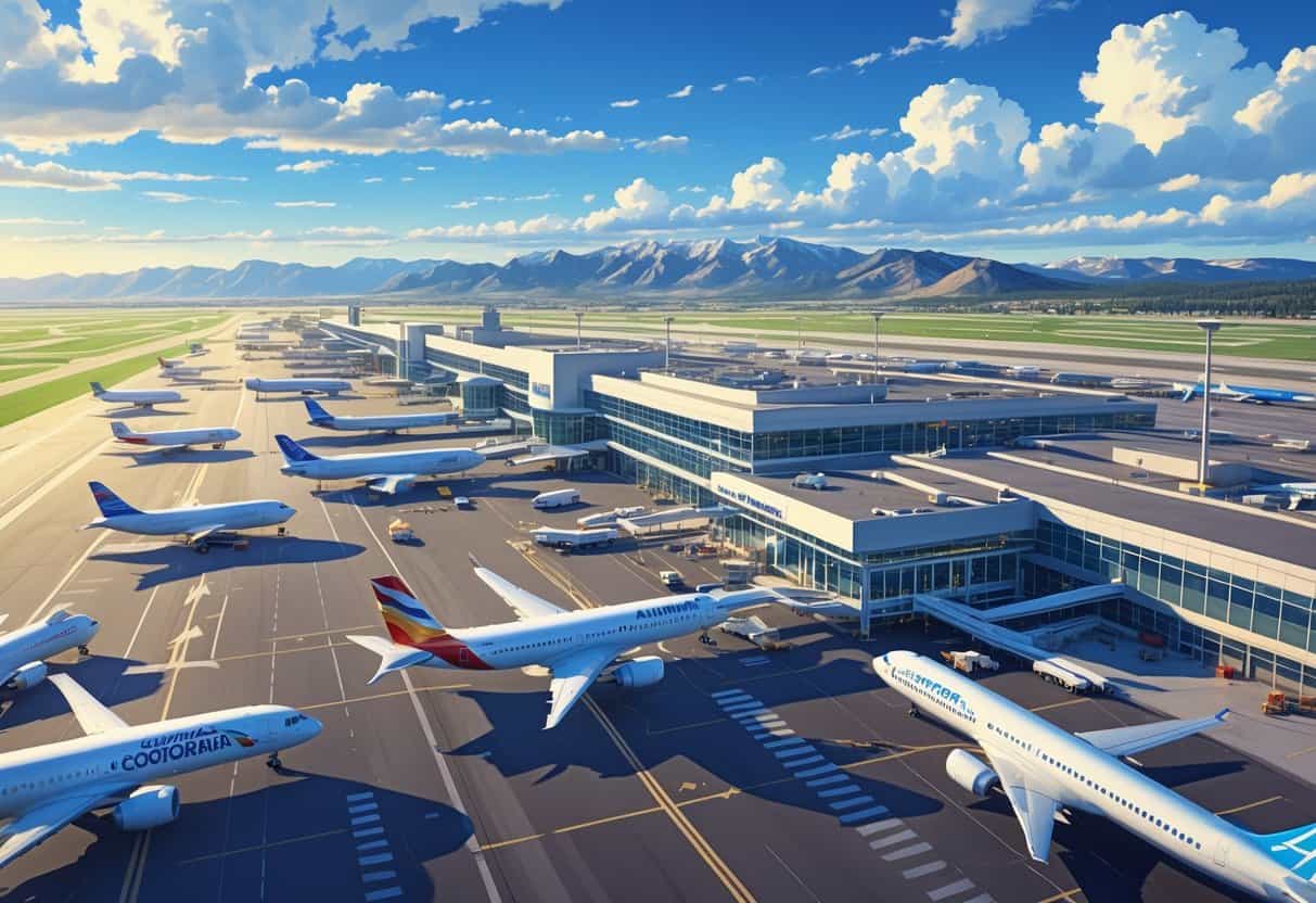 Aerial view of Centennial Airport with multiple commercial airplanes on runways and taxiways, airport terminals, ground vehicles, and mountains in the background.