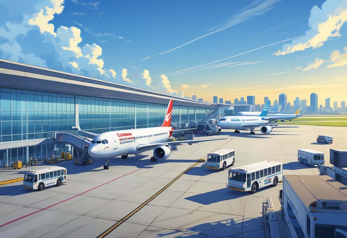 An airport scene showing airplanes from multiple airlines parked and taxiing near a modern terminal with the Charleston city skyline in the background.