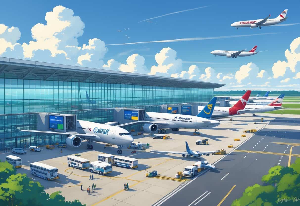 A busy airport terminal with airplanes from multiple airlines parked at gates, travelers walking, and airport staff working, set against a background of greenery and a coastal landscape.