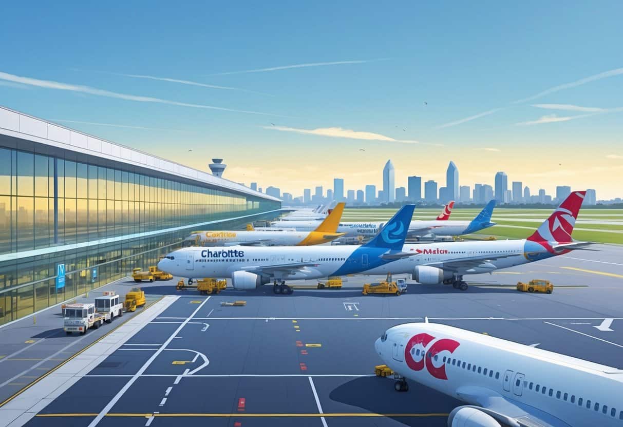 An airport scene showing airplanes from various airlines at Charlotte Douglas International Airport with the terminal and city skyline in the background.