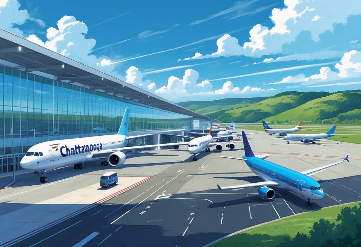 An airport scene with multiple commercial airplanes on the runway and taxiways outside a modern terminal building surrounded by green hills.