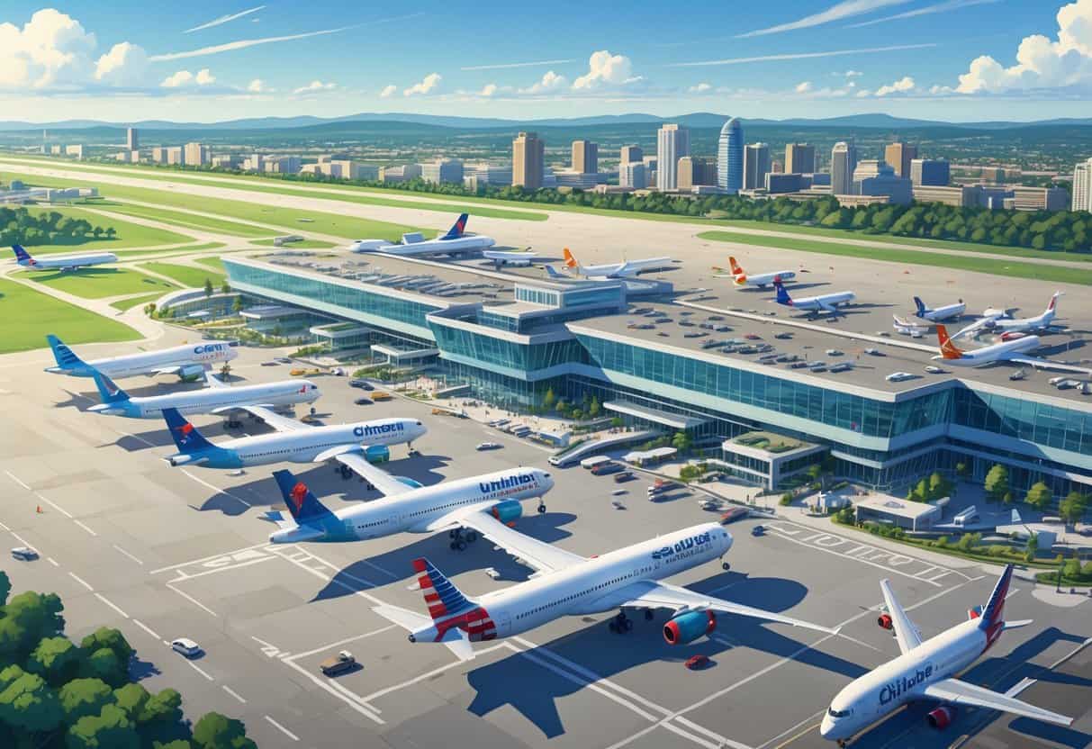 Aerial view of Charlotte Douglas International Airport with airplanes on the runways and terminal, surrounded by the city of Charlotte.
