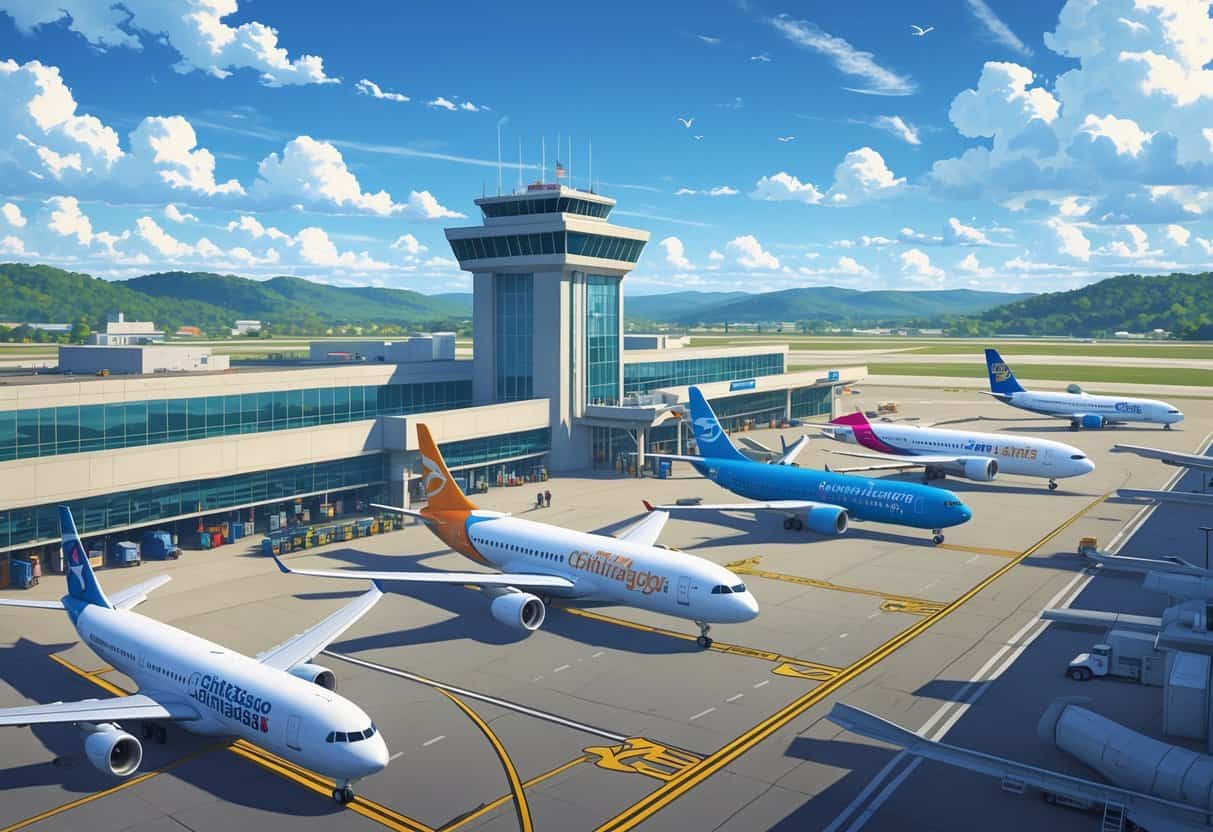 A busy airport terminal with airplanes from various airlines parked at gates, passengers boarding, and airport staff working, set against a partly cloudy sky and rolling hills.