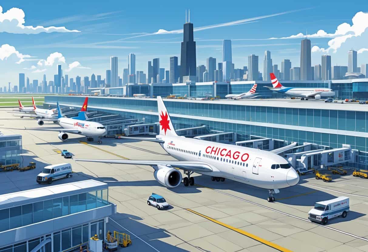 A busy airport scene in Chicago with airplanes from major airlines at gates and on the runway, with the city skyline visible in the background.