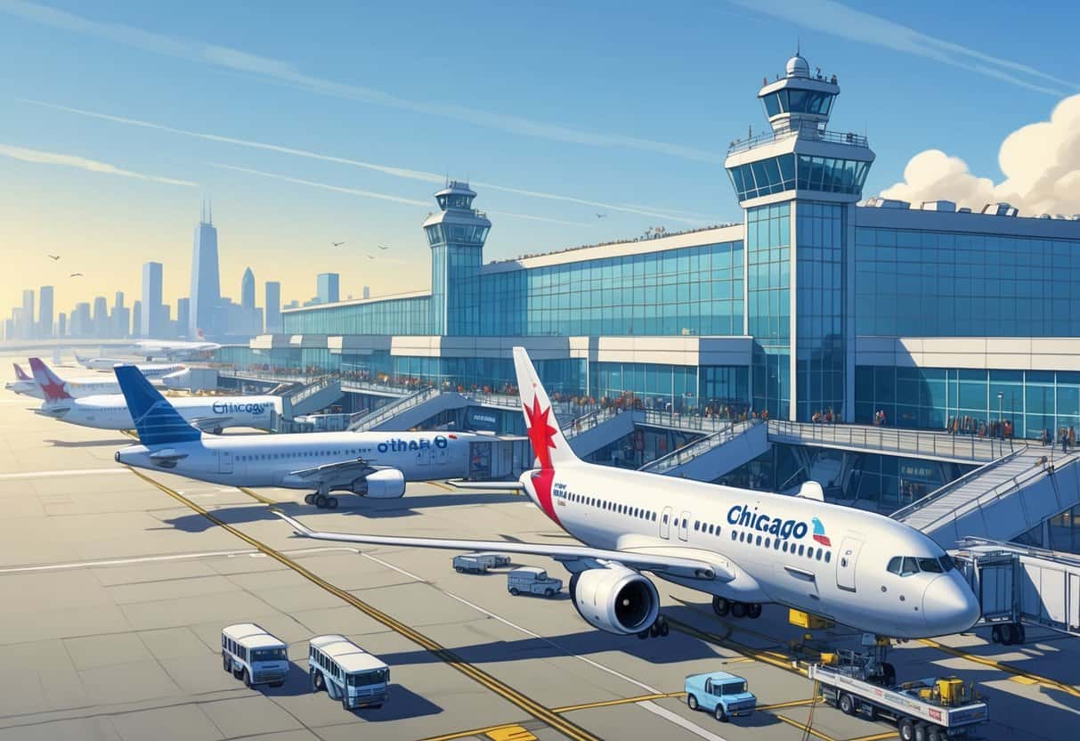 Airplanes from major airlines at Chicago O'Hare International Airport with terminals, control tower, and ground crew activity under a clear sky.