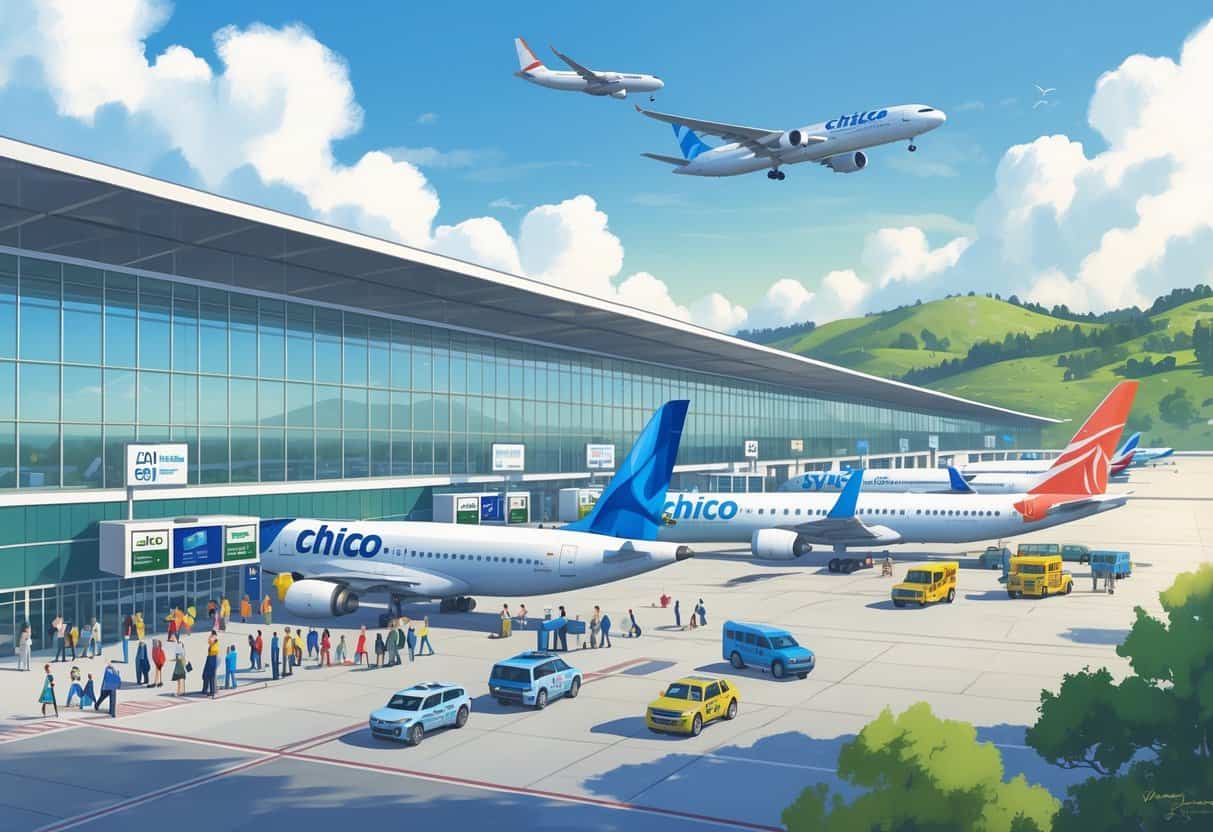 An airport scene at Chico, California with airplanes parked at gates, a terminal building, and travelers moving around.