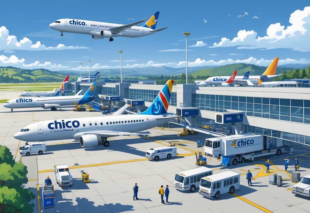 An airport terminal with airplanes from various airlines parked at gates, passengers walking with luggage, and airport vehicles in a clear sky setting with hills and trees in the background.